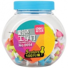 得力（deli）0054 桶装彩色工字钉/图钉 100只装