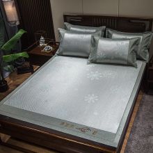 南极人 刺绣冰丝藤席三件套 夏天空调席冰丝席可折叠席子  飘雪-水绿QJ 150*200cm【三件套】