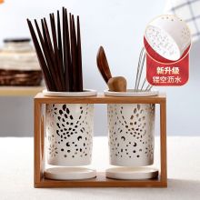 Edo TH8052 陶瓷筷子筒 家用沥水筷子架 双筒筷子桶+竹架 筷子笼收纳置物架筷盒