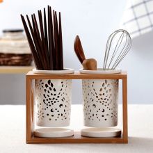 Edo TH8052 陶瓷筷子筒 家用沥水筷子架 双筒筷子桶+竹架 筷子笼收纳置物架筷盒