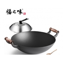 福之味 铸铁锅炒菜锅福之味无涂层炒锅  40双耳木柄圆底炒锅