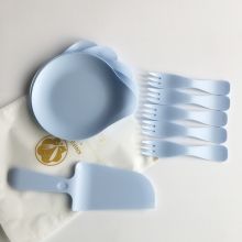 蛋糕餐具一次性刀叉盘（蓝色）5盘5叉铲刀+磨砂袋