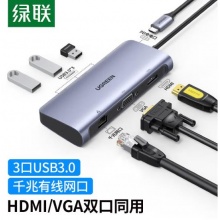 绿联七合一Type-C扩展坞 USB-C转HDMI/VGA转换器千兆网口分线器60557
