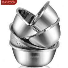 美厨 304不锈钢盆筛五件套 加厚大号洗菜盆 米筛味斗套装 MCWA550