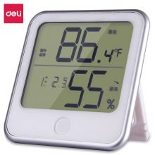 得力(deli)LCD屏显闹钟温湿度计 台挂两用室内家用带探头 白色 8959